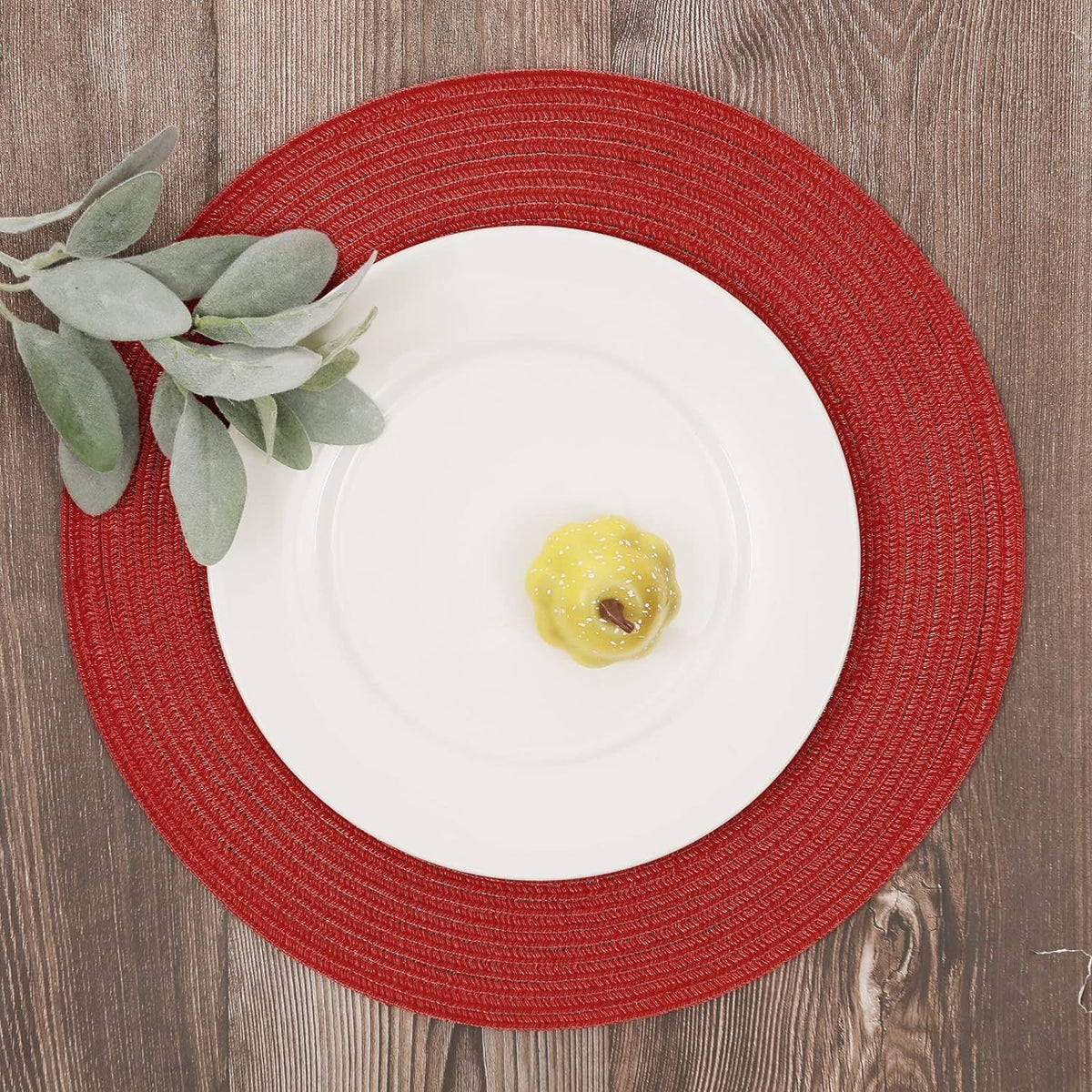 Round Braided Placemats 15 inch Set of 4 Washable Kitchen Table Placemats for Home Wedding Party (Red, 4)