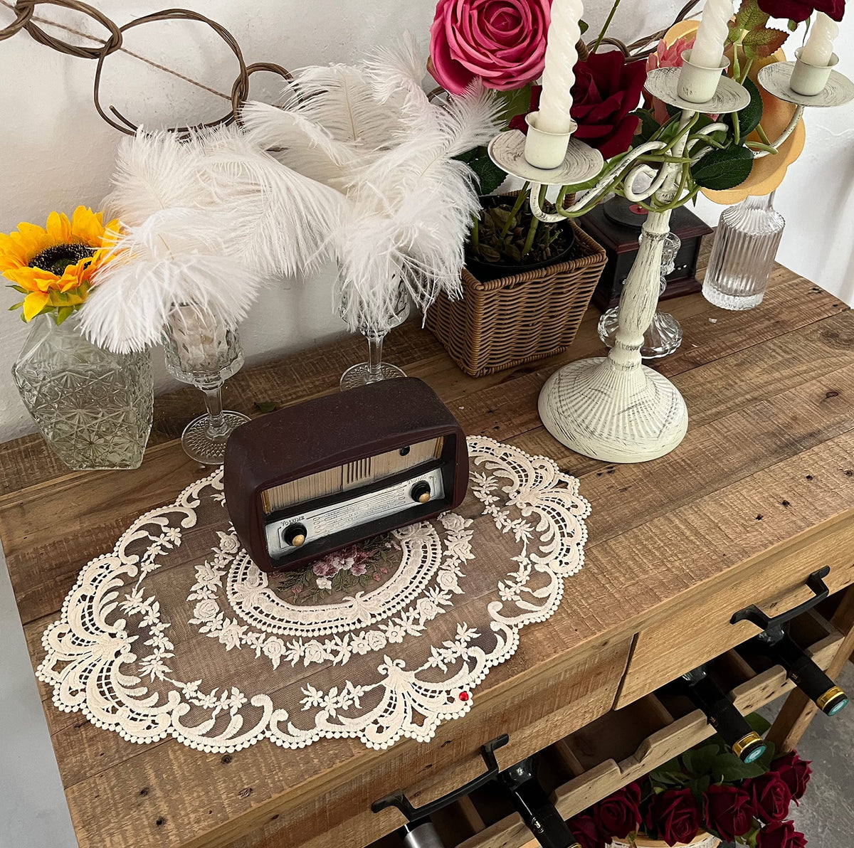 1 PACK Retro French Style Lace Placemats Fashionable Embroidered Cup Mat vase mat 12”x16”Meal mats and coasters (Beige)