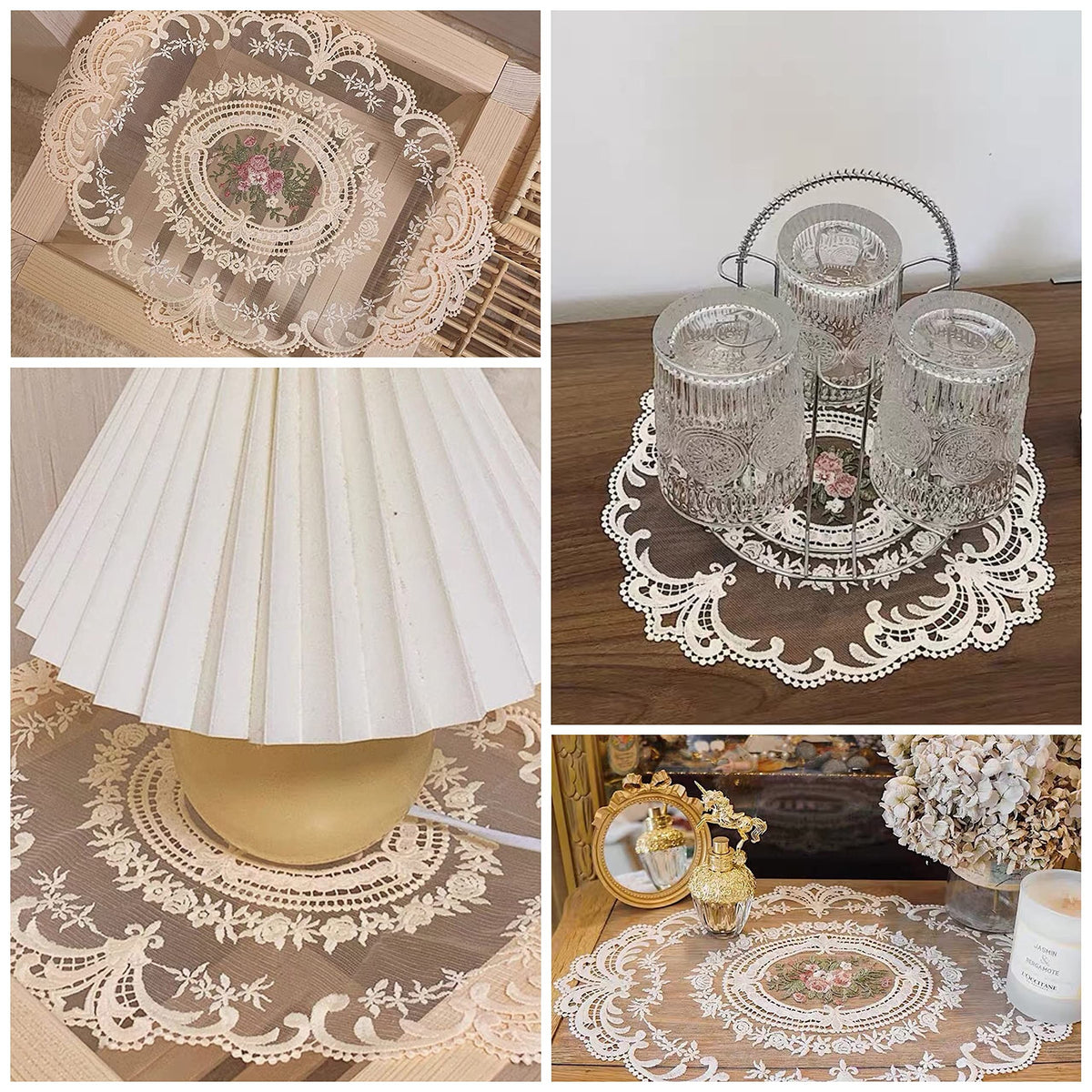 1 PACK Retro French Style Lace Placemats Fashionable Embroidered Cup Mat vase mat 12”x16”Meal mats and coasters (Beige)
