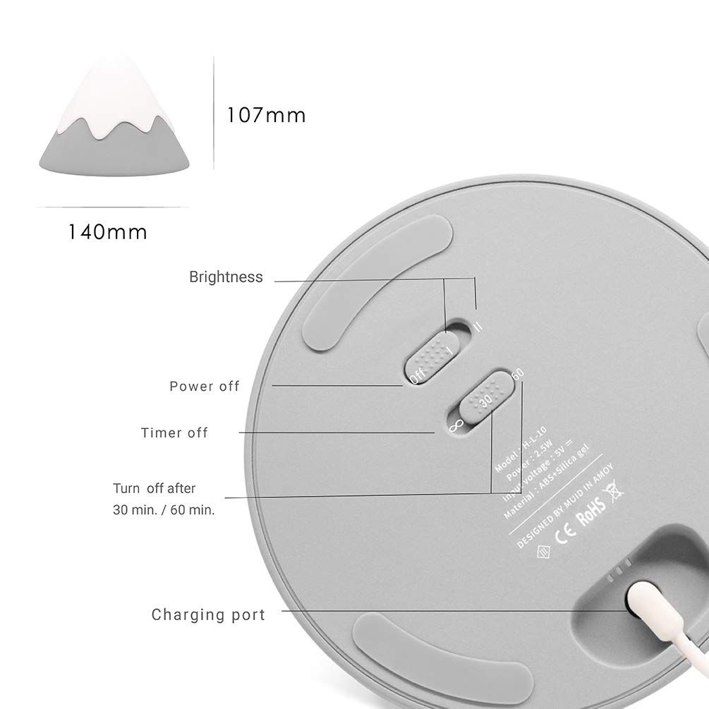 Night Light,Snow Mountain lamp, Tap Control&Timer Setting, Soft Silicone, Dimmable, Soft Eye Caring, Rechargeable(Grey)
