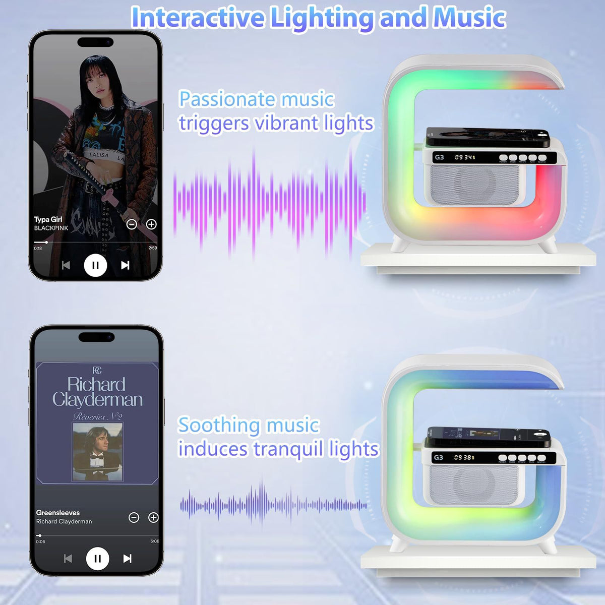 Hi-Fi Sound Wireless Speaker Lamp,Night/Atmosphere/Table/Bedroom Light with 15W Wireless Charging Station,RGB LED Show