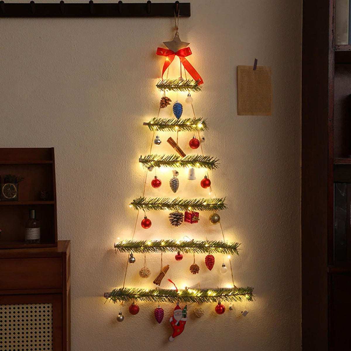 Christmas Tree Wall Hanging, Wooden Frame Wall Lighted Christmas Tree Christmas Decoration with Led Light Tree Shaped Decor