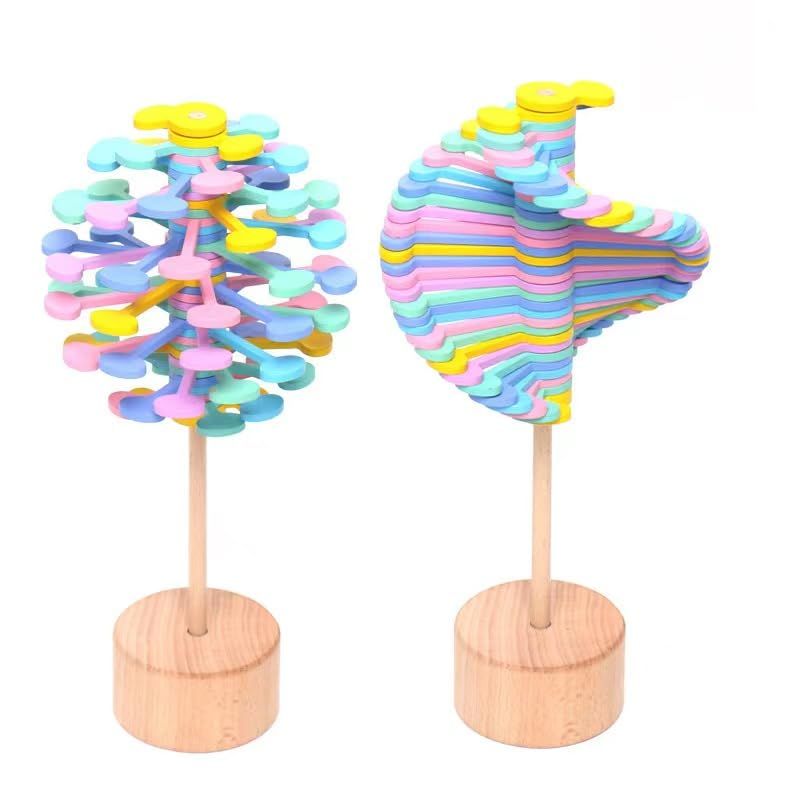 2 Pack Wooden Lollipop Decompression Toy Decorations Sensory Magic Rotating Shaped Toys Observing Power Colorful Rotating Leaves