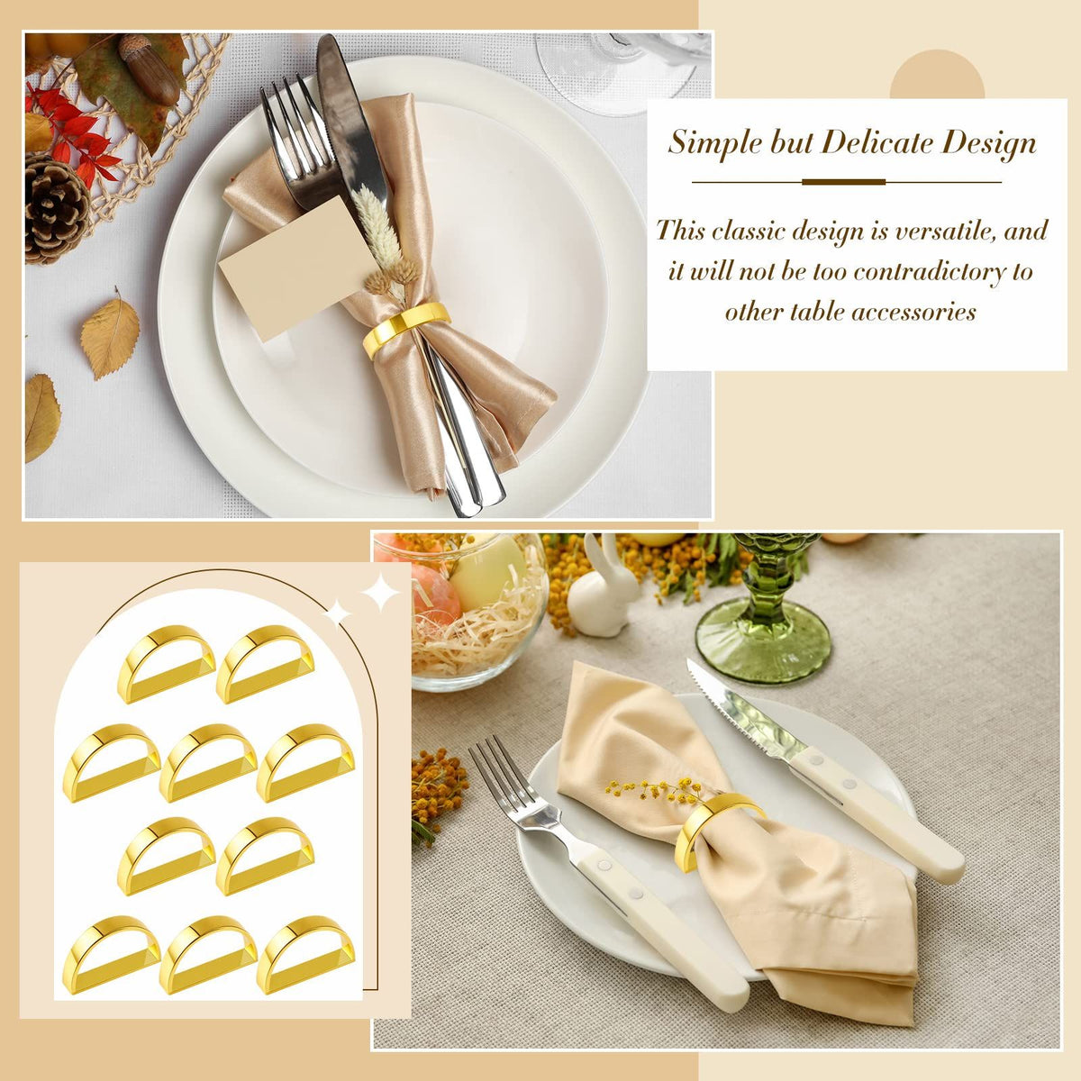 10 Pcs Stainless Steel Napkin Rings Metal Napkin Ring Holders Modern Ring Holder Serviette Buckles (Matte Gold Semicircle)