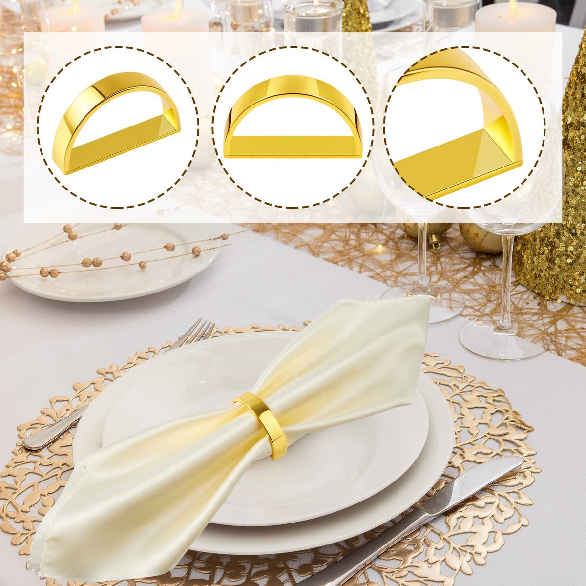 10 Pcs Stainless Steel Napkin Rings Metal Napkin Ring Holders Modern Ring Holder Serviette Buckles (Matte Gold Semicircle)