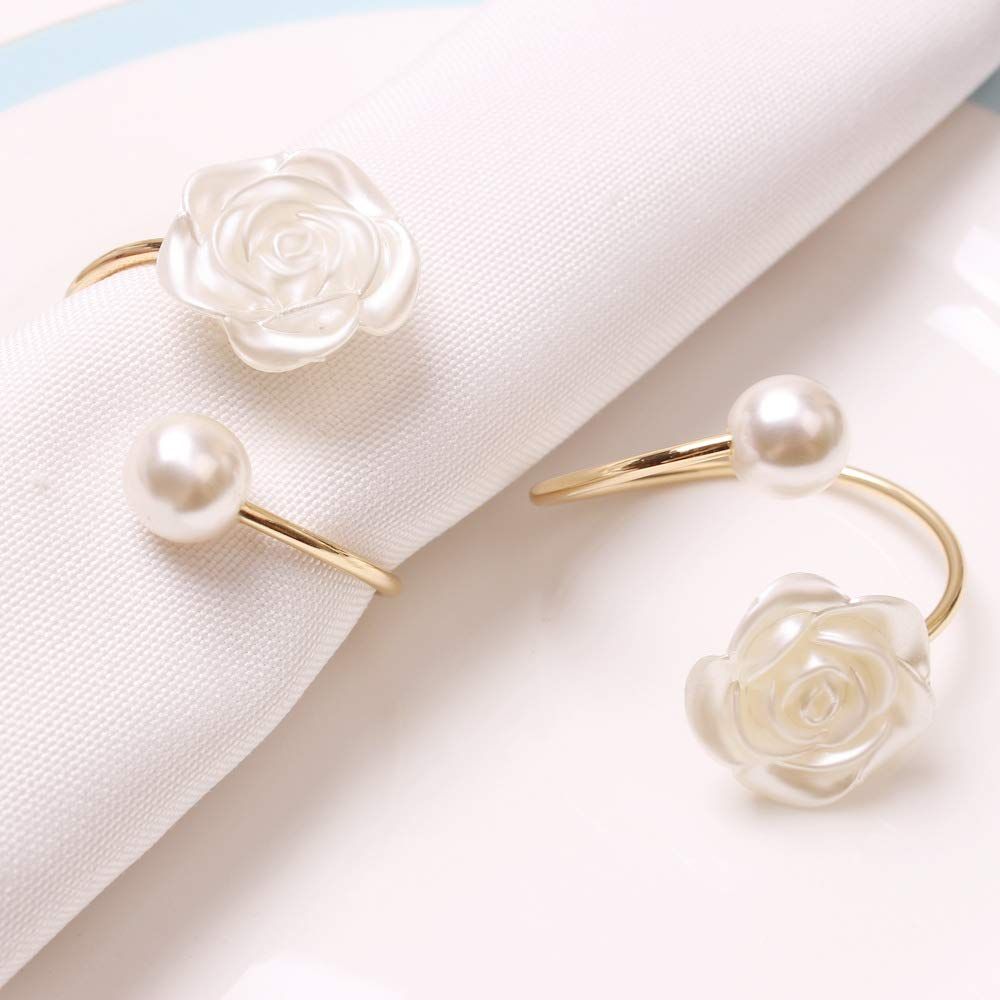 Pearl Flower Napkin Rings Set of 6, Flowers Dinning Table Setting Rustic Dinner Tables Decoration for Wedding Receptions,Christmas