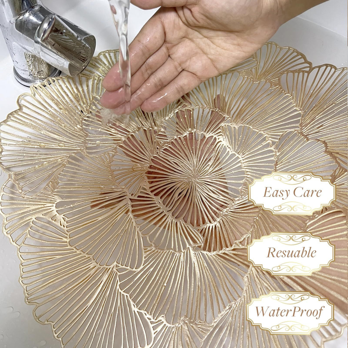 Round Placemats Pressed Vinyl Metallic Flower Place Mats Set of 6 Heat Resistant Dining Table Mats Gold Placemat for Wedding Party