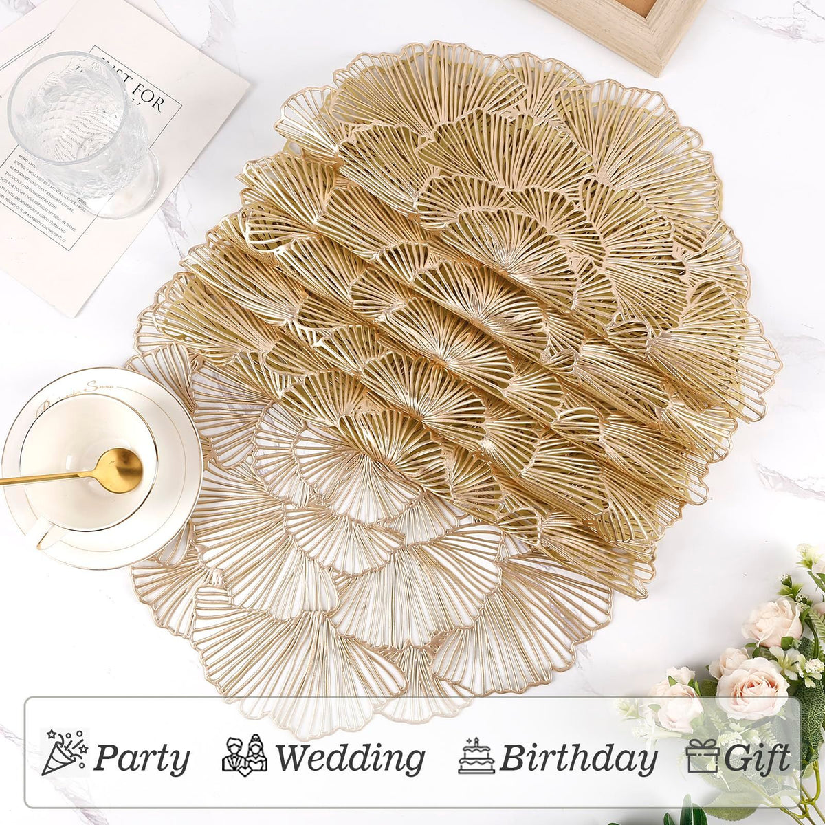 Round Placemats Pressed Vinyl Metallic Flower Place Mats Set of 6 Heat Resistant Dining Table Mats Gold Placemat for Wedding Party