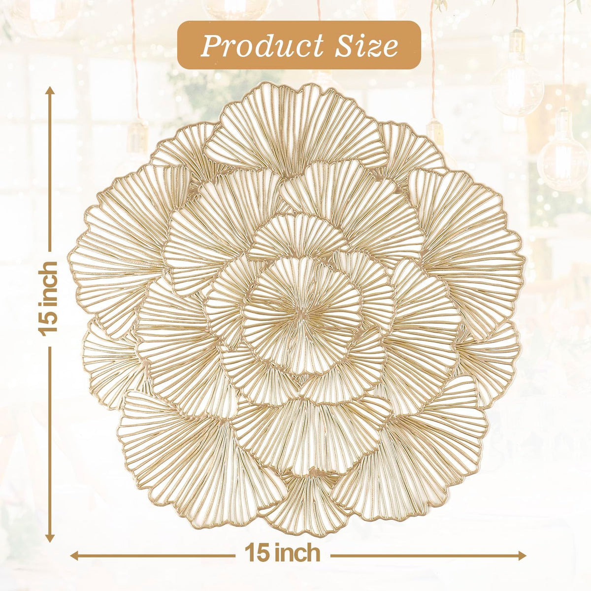 Round Placemats Pressed Vinyl Metallic Flower Place Mats Set of 6 Heat Resistant Dining Table Mats Gold Placemat for Wedding Party