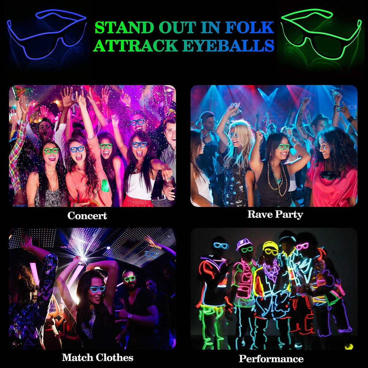 LED Light up Glasses 2 Pack Glow in the Dark for Rave Party, Nightclub atmosphere supplies (Blue + Green)
