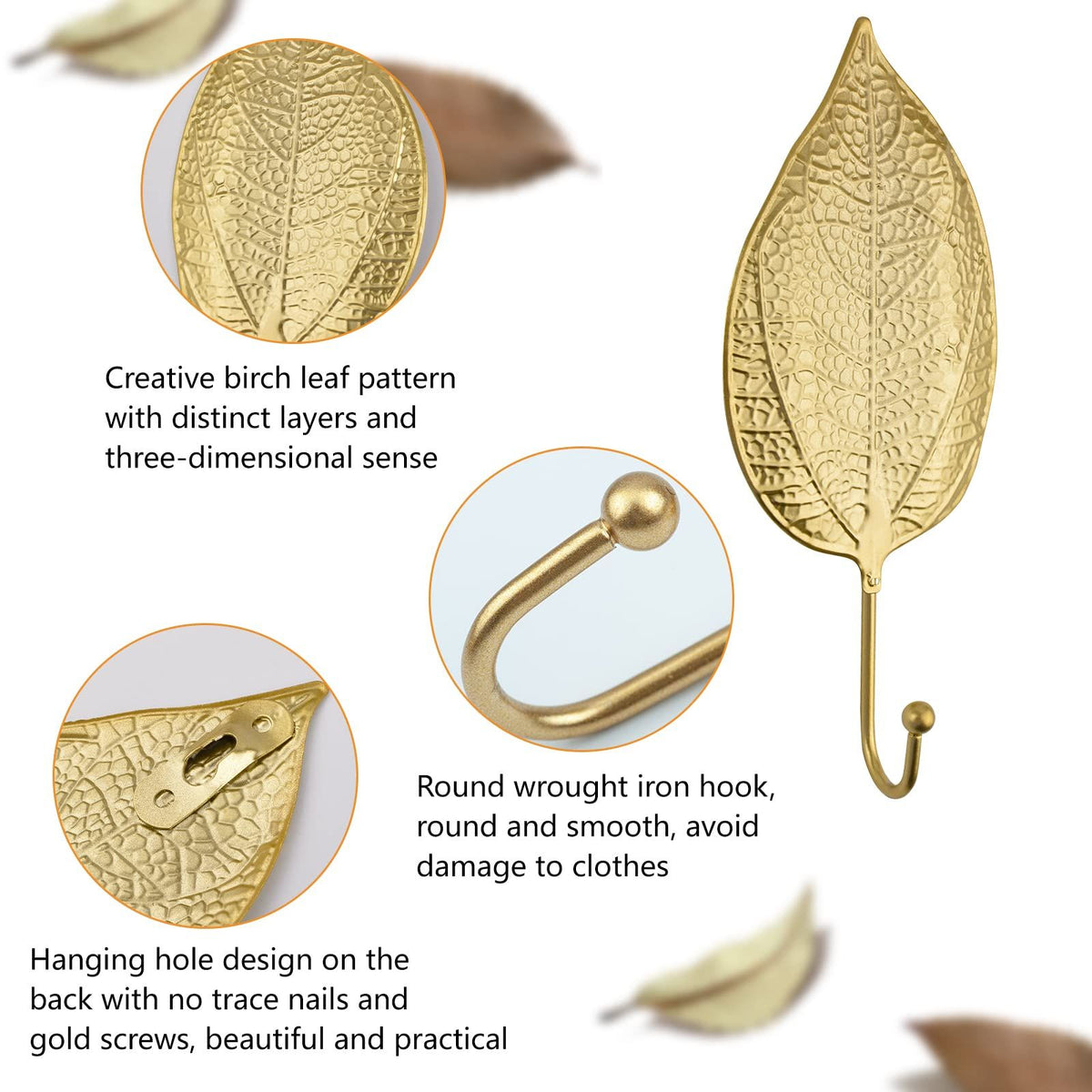 4PCS Leaves Iron Hooks Decorative Wall Hooks Hanging Modern Hooks Gold Single Prong Hanger Heavy Duty Hooks for Hanging Key