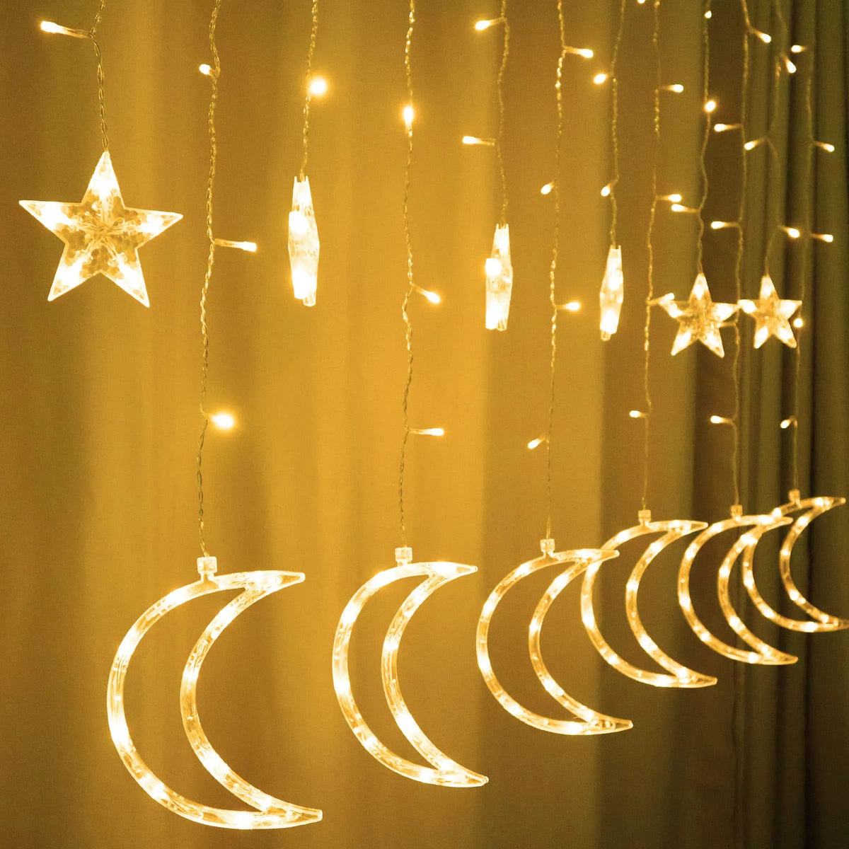 Led Curtain Lights Moon Star Light String 6.6ft Window Decoration 8 Modes Remote Control USB Power Warm White (Big Crescent)