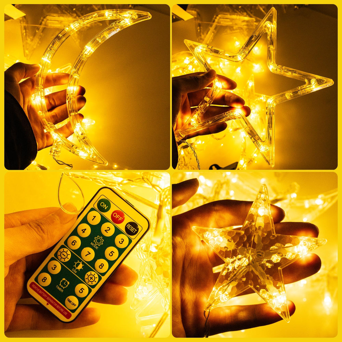 Solar Curtain Lights 138*LEDs, Star Moon Ramadan String Lights with 8 Lighting Mode, Waterproof Solar Powered Twinkle Hanging
