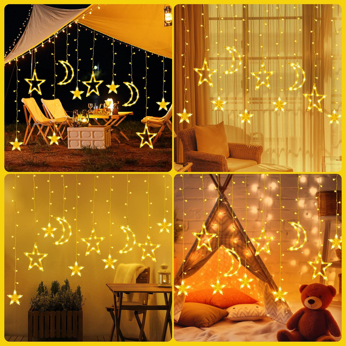 Solar Curtain Lights 138*LEDs, Star Moon Ramadan String Lights with 8 Lighting Mode, Waterproof Solar Powered Twinkle Hanging
