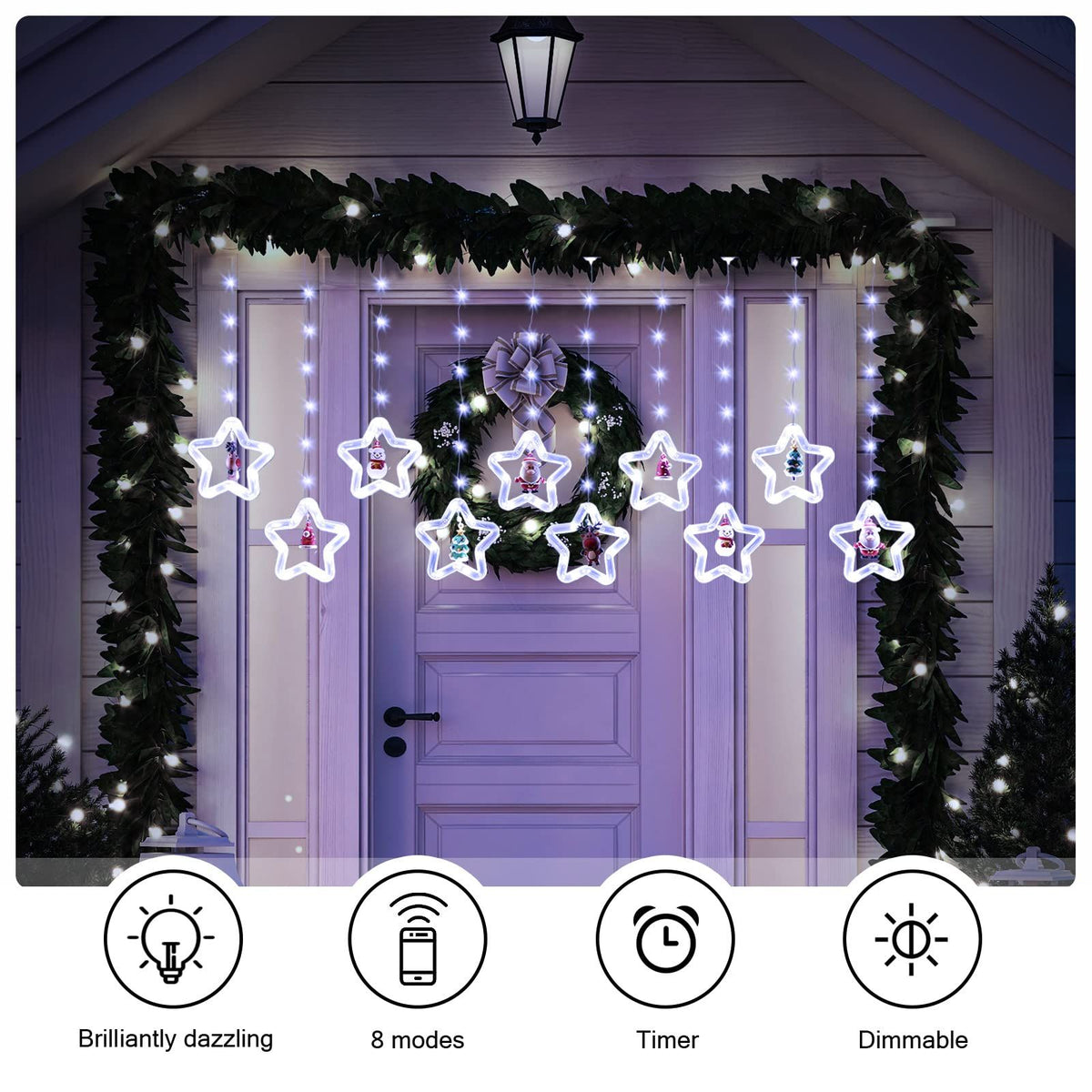 Curtain Lights Indoor Hanging Window Light 10 Stars Ring with Xmas Ornaments - USB Remote Control 9.8ft Window Lights Decorations