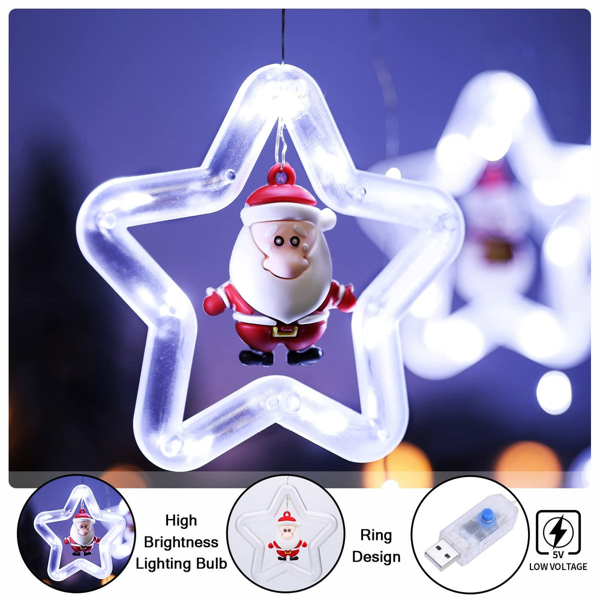 Curtain Lights Indoor Hanging Window Light 10 Stars Ring with Xmas Ornaments - USB Remote Control 9.8ft Window Lights Decorations