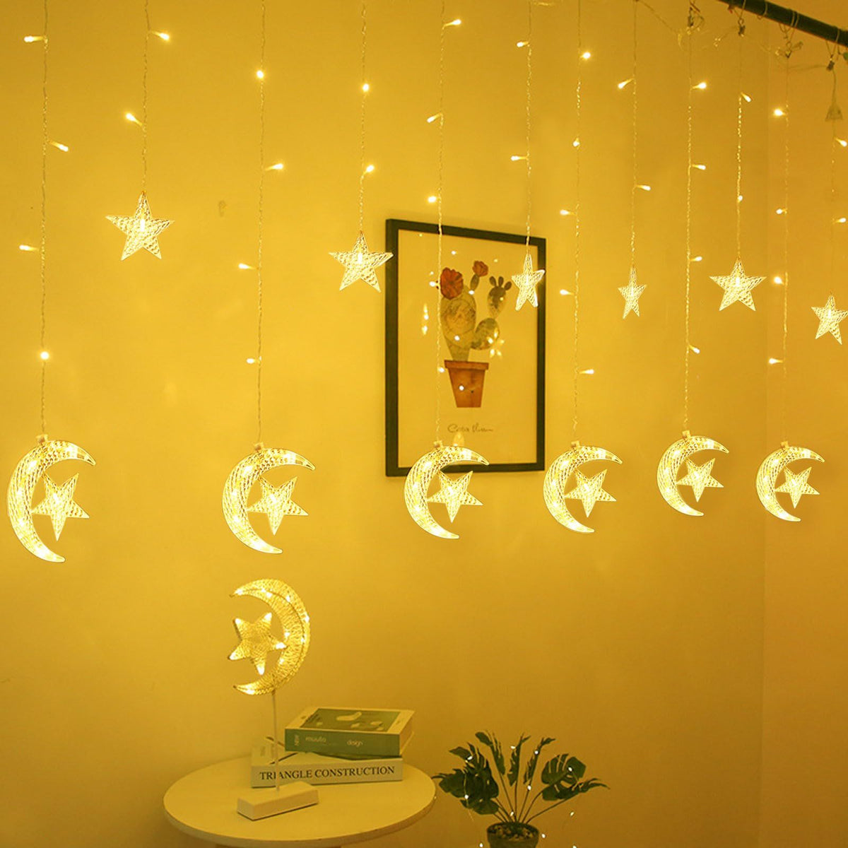 LEDs String Lights for Ramadan Decor, Moon Star Curtain String Lights 2 Modes Fairy String Light Hanging Decorations for Birthday