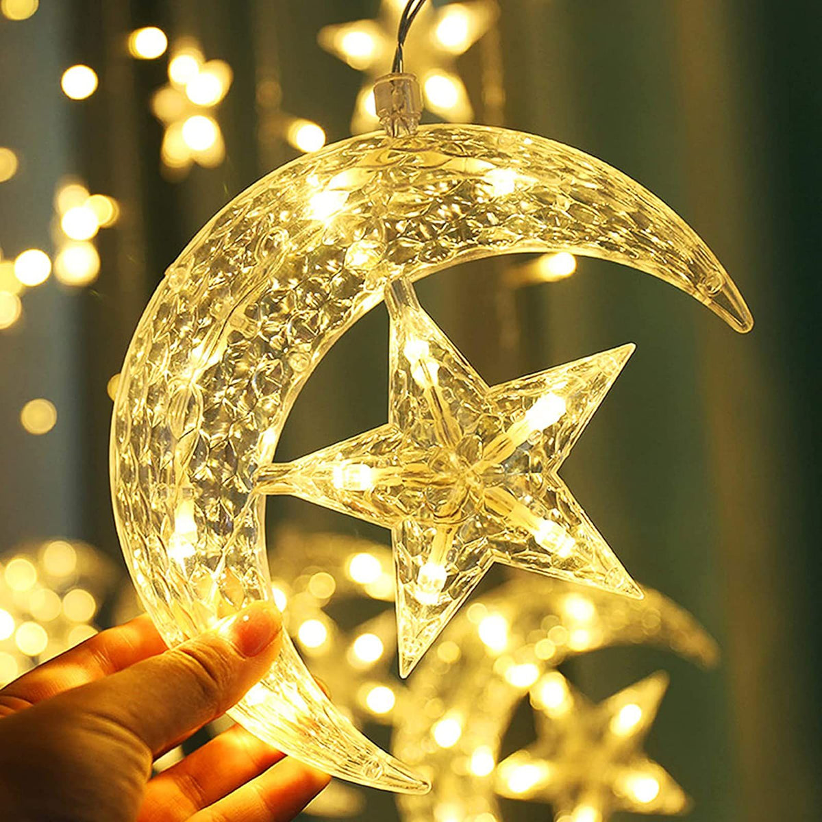 LEDs String Lights for Ramadan Decor, Moon Star Curtain String Lights 2 Modes Fairy String Light Hanging Decorations for Birthday