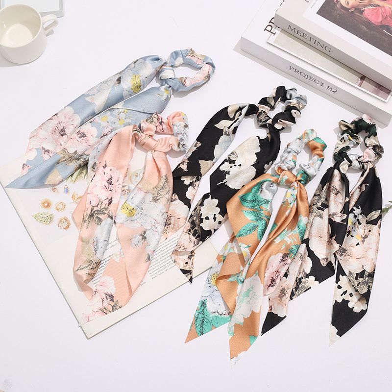 5pcs Silk Hair Scarf Scrunchies, Ribbon Bow Scrunchie with tail, Flower Printed Hair Ribbon Ties, Floral Hair Scrunchies