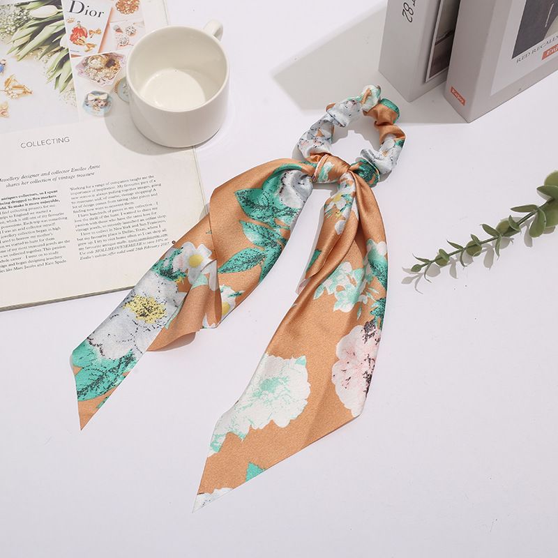 5pcs Silk Hair Scarf Scrunchies, Ribbon Bow Scrunchie with tail, Flower Printed Hair Ribbon Ties, Floral Hair Scrunchies