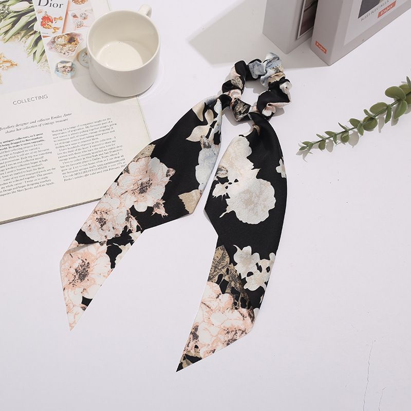 5pcs Silk Hair Scarf Scrunchies, Ribbon Bow Scrunchie with tail, Flower Printed Hair Ribbon Ties, Floral Hair Scrunchies