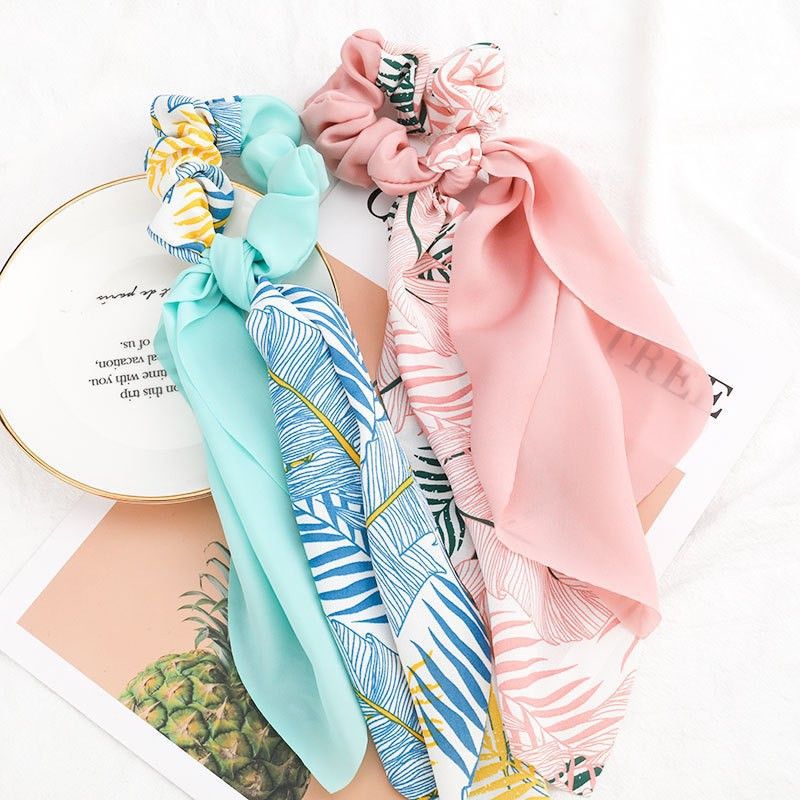 2 Pcs Hair Scarf Scrunchies Cute Women printed floral Ribbon Scrunchies Set Ties Chiffon Knotted Bow Ponytail (Flowers & Leaves)