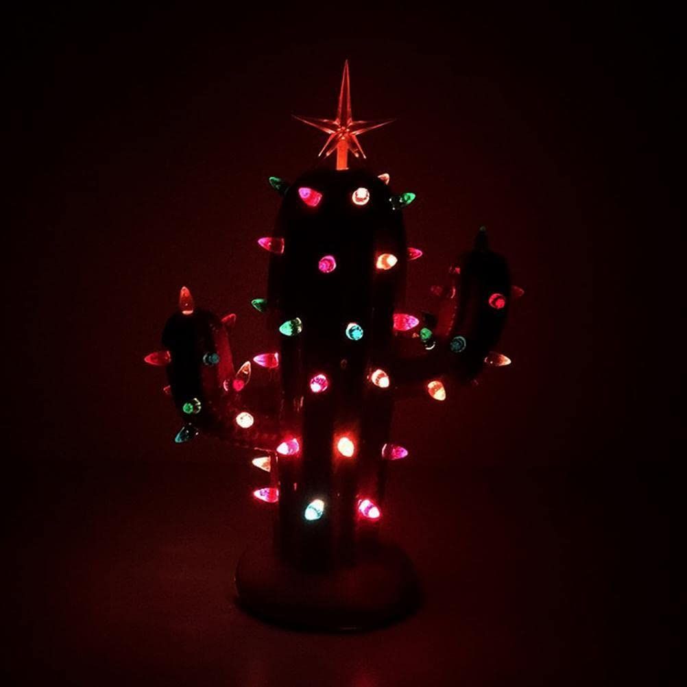 Cactus Christmas Tree, Creative Resin Christmas Cactus with Lights, Vintage Nostalgic Christmas Cactus Tabletop Ornament