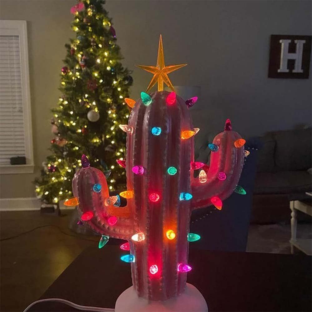 Cactus Christmas Tree, Creative Resin Christmas Cactus with Lights, Vintage Nostalgic Christmas Cactus Tabletop Ornament