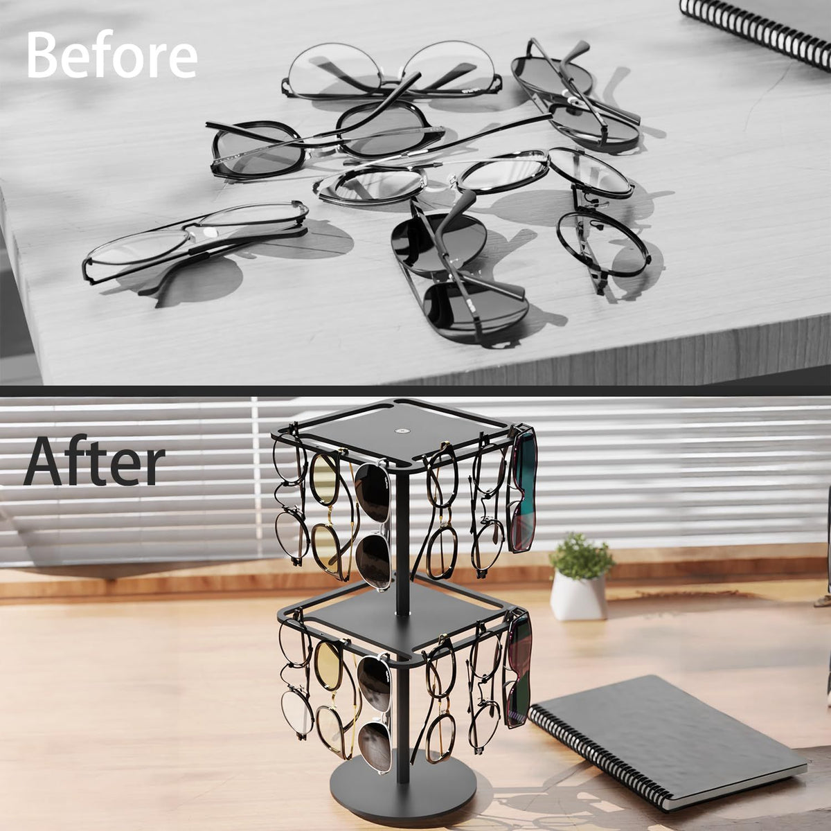 360° Rotating Acrylic Sunglasses & Eyeglasses Display Rack - Double-Tier Black Tabletop Organizer for Eyewear