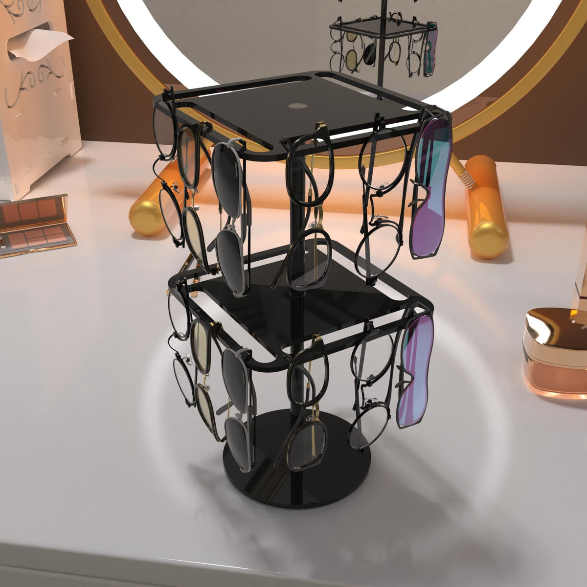 360° Rotating Acrylic Sunglasses & Eyeglasses Display Rack - Double-Tier Black Tabletop Organizer for Eyewear