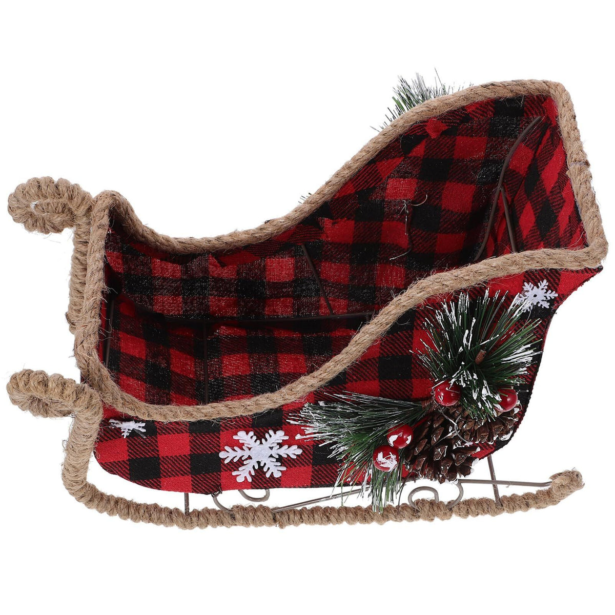 Red Santa Sleigh Christmas Decor, Tabletop Holiday Sleigh Display Plaid Pattern Metal Sleigh with Pine Cone Candy Bowl Christmas