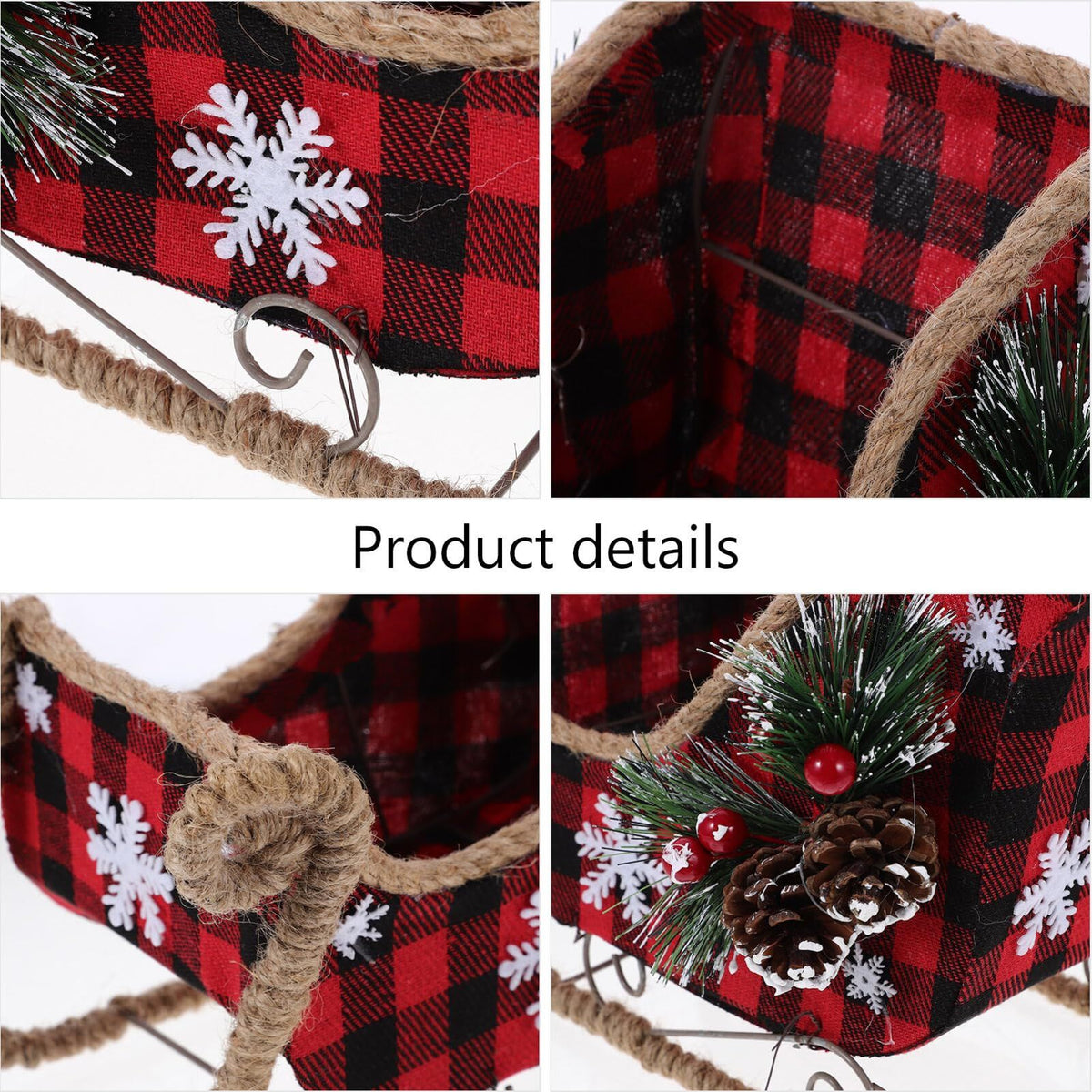 Red Santa Sleigh Christmas Decor, Tabletop Holiday Sleigh Display Plaid Pattern Metal Sleigh with Pine Cone Candy Bowl Christmas