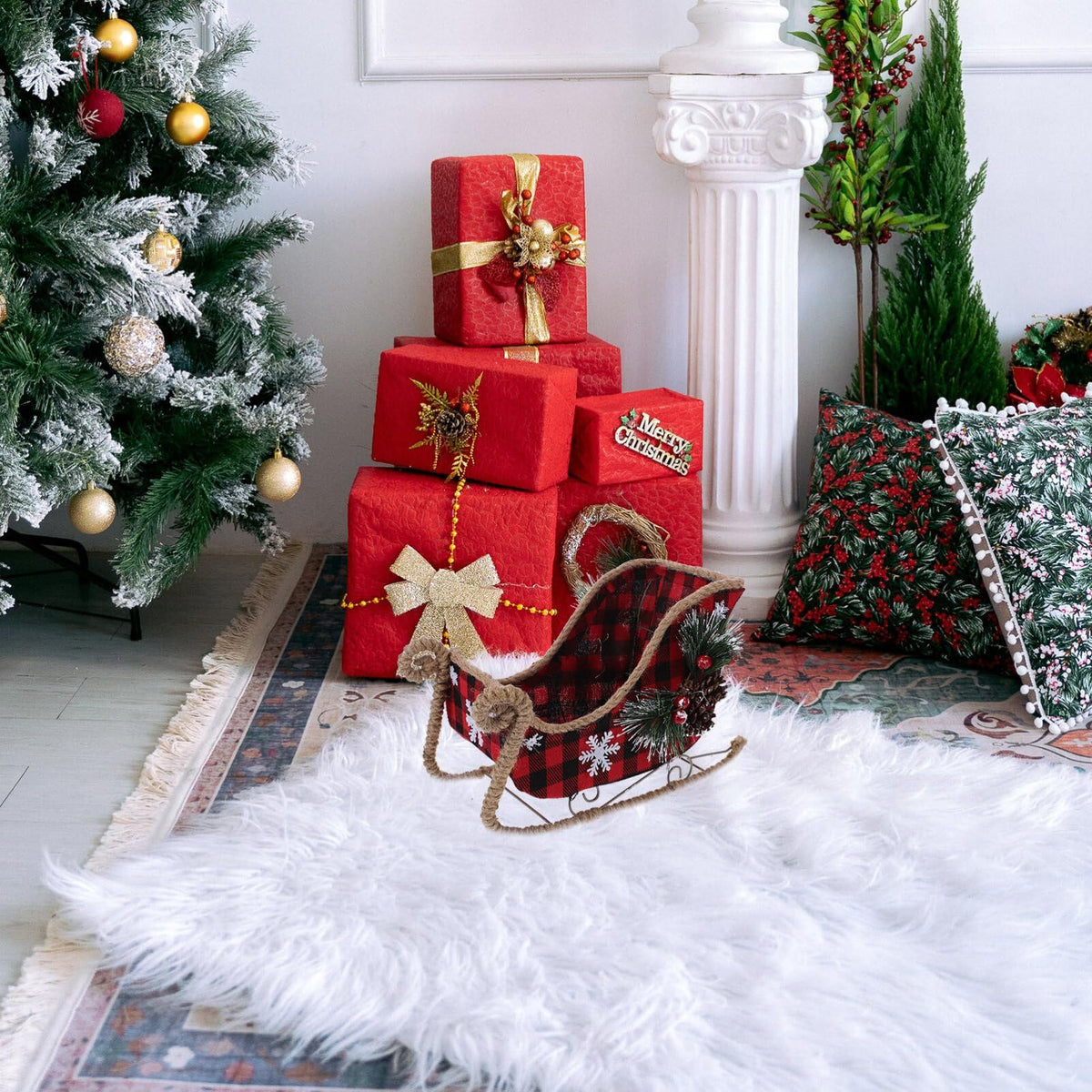 Red Santa Sleigh Christmas Decor, Tabletop Holiday Sleigh Display Plaid Pattern Metal Sleigh with Pine Cone Candy Bowl Christmas