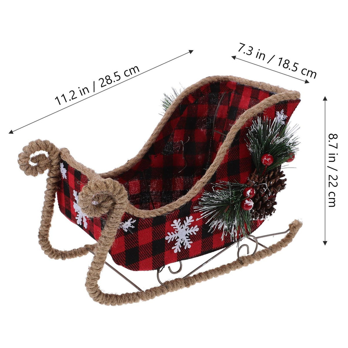 Red Santa Sleigh Christmas Decor, Tabletop Holiday Sleigh Display Plaid Pattern Metal Sleigh with Pine Cone Candy Bowl Christmas