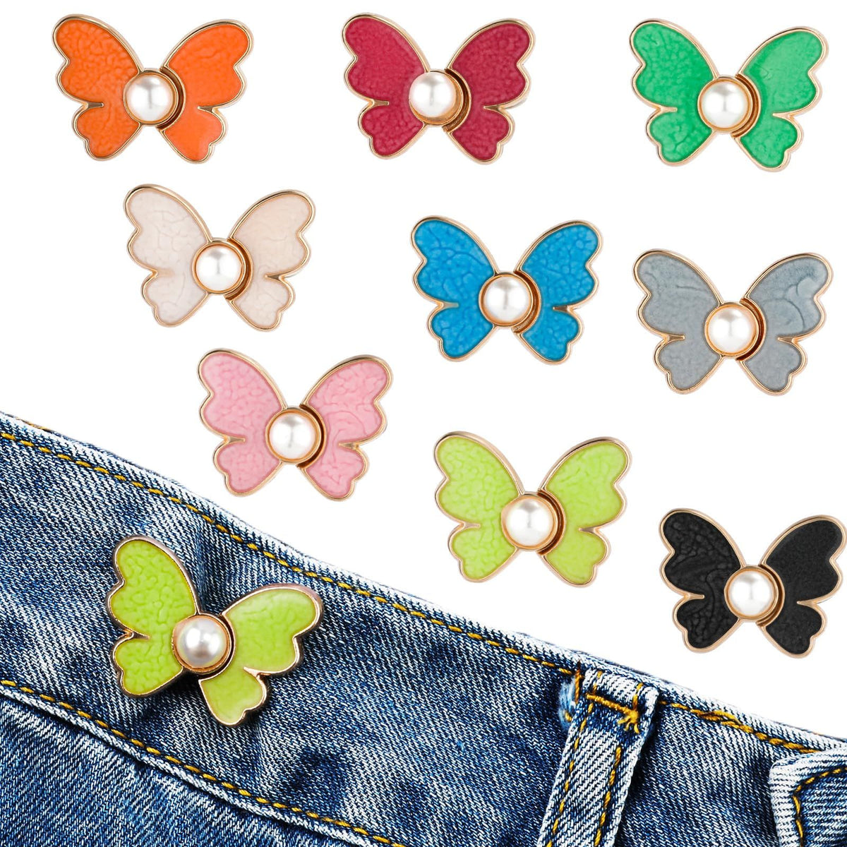 9 Pairs Butterfly Pants Button Tightener, Colorful Adjustable Waist Buckle Detachable Pearls Jeans Button Extender