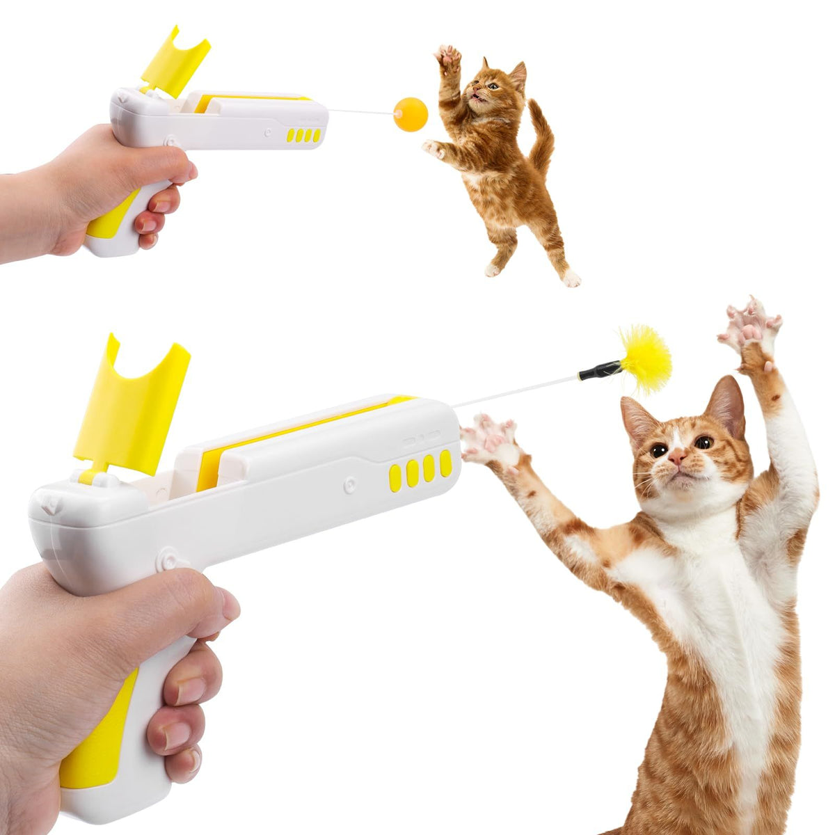 Cat Toy, 2-in-1 Interactive Exercise Toy for Indoor Cats, Switchable Ball and Feather Launcher Gun, Yellow ABS, 741 Model