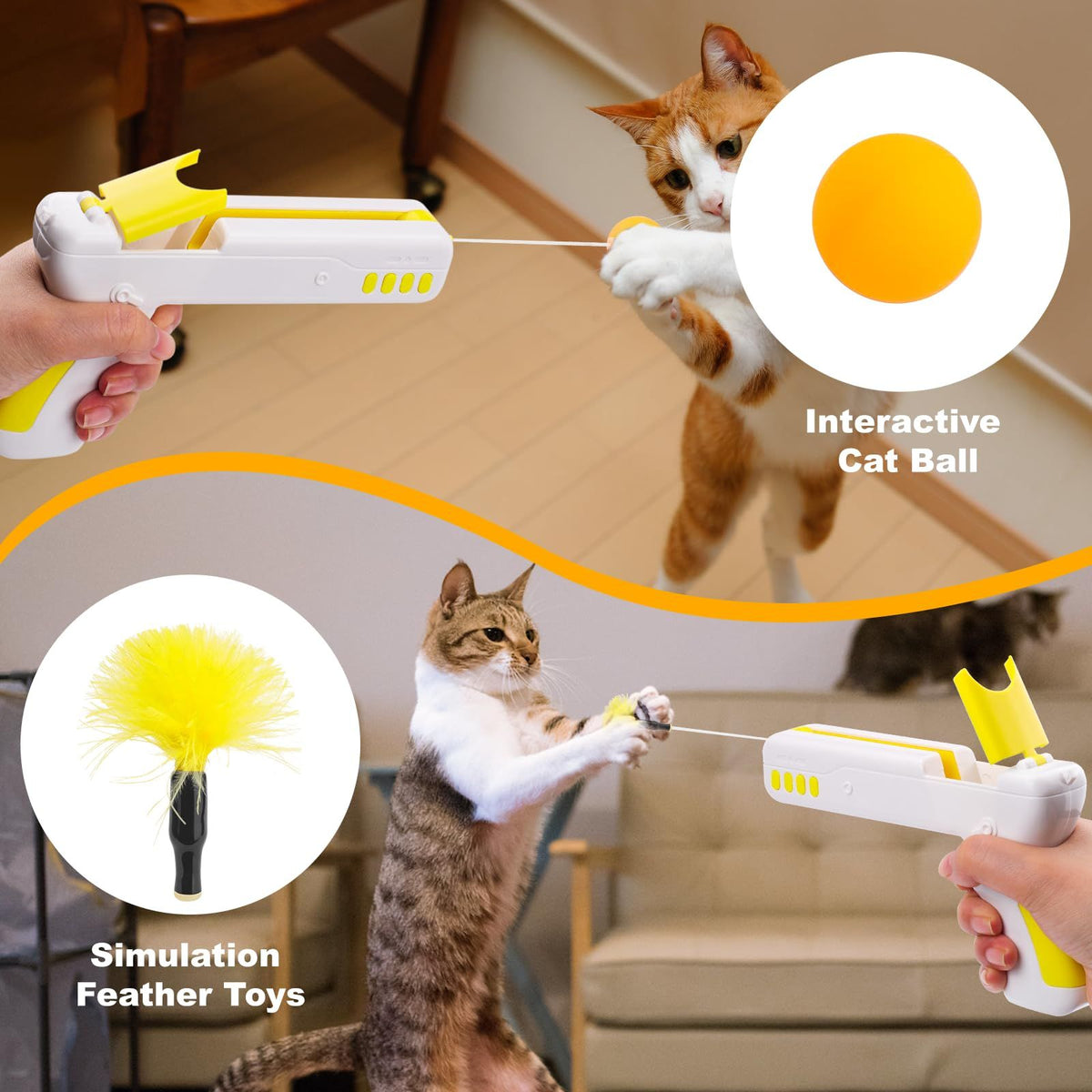 Cat Toy, 2-in-1 Interactive Exercise Toy for Indoor Cats, Switchable Ball and Feather Launcher Gun, Yellow ABS, 741 Model