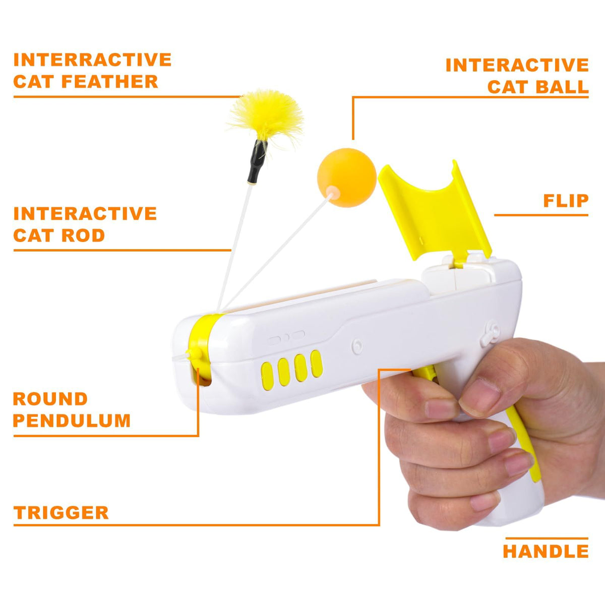 Cat Toy, 2-in-1 Interactive Exercise Toy for Indoor Cats, Switchable Ball and Feather Launcher Gun, Yellow ABS, 741 Model
