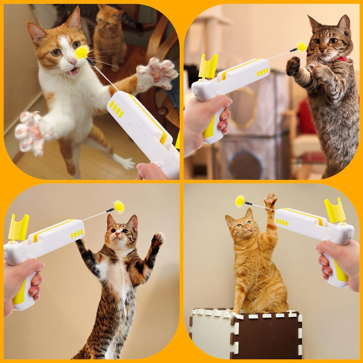 Cat Toy, 2-in-1 Interactive Exercise Toy for Indoor Cats, Switchable Ball and Feather Launcher Gun, Yellow ABS, 741 Model