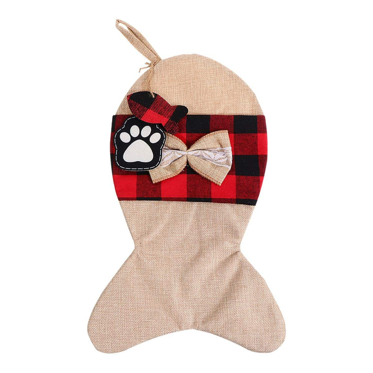 Pet Dog Cat Christmas Stockings, Burlap Plaid Large Fish Shape Pets Stockings, Classic Hanging Stockings for Christmas Decorations