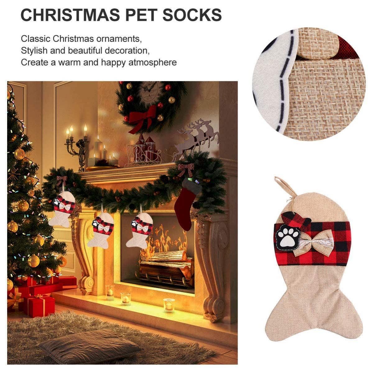 Pet Dog Cat Christmas Stockings, Burlap Plaid Large Fish Shape Pets Stockings, Classic Hanging Stockings for Christmas Decorations