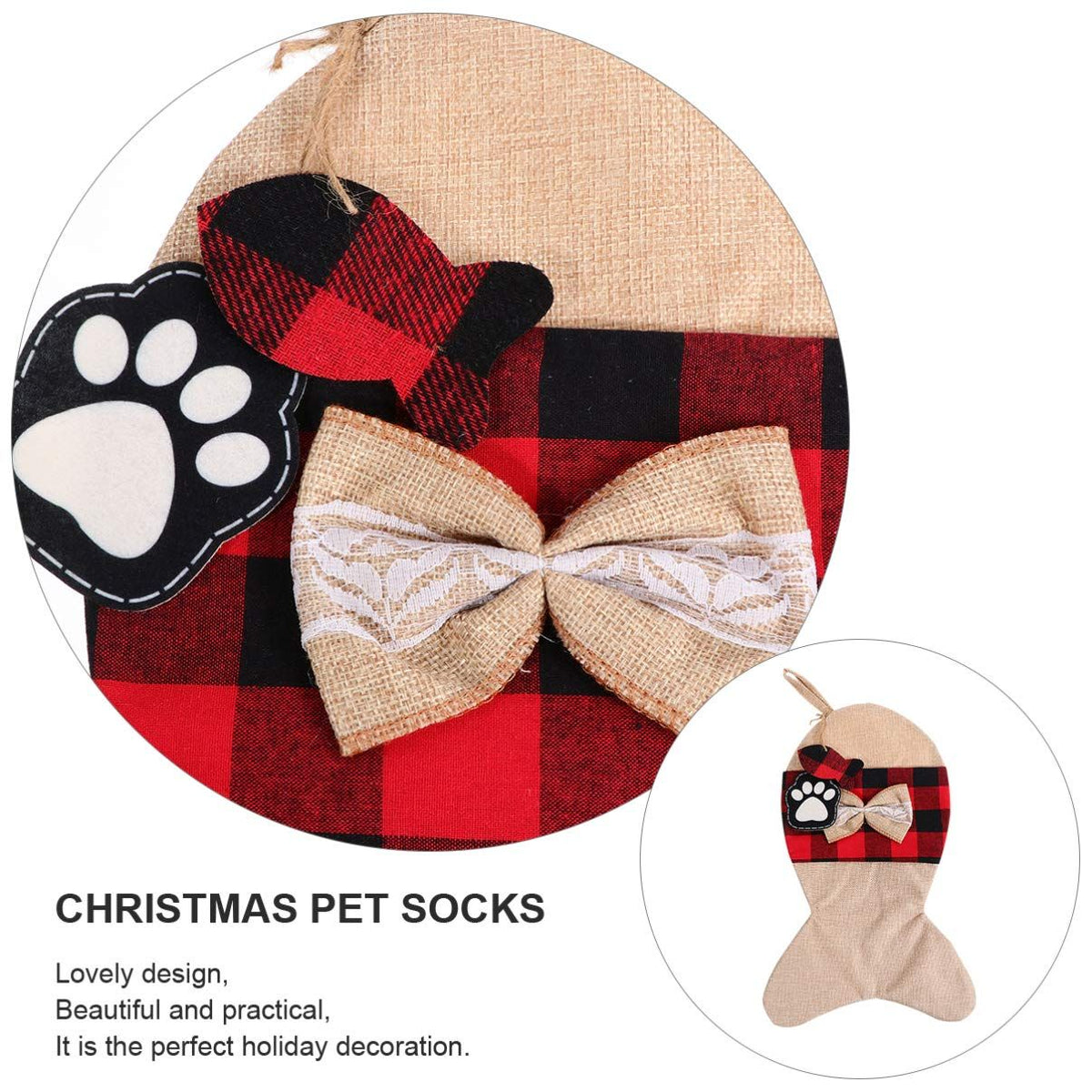 Pet Dog Cat Christmas Stockings, Burlap Plaid Large Fish Shape Pets Stockings, Classic Hanging Stockings for Christmas Decorations