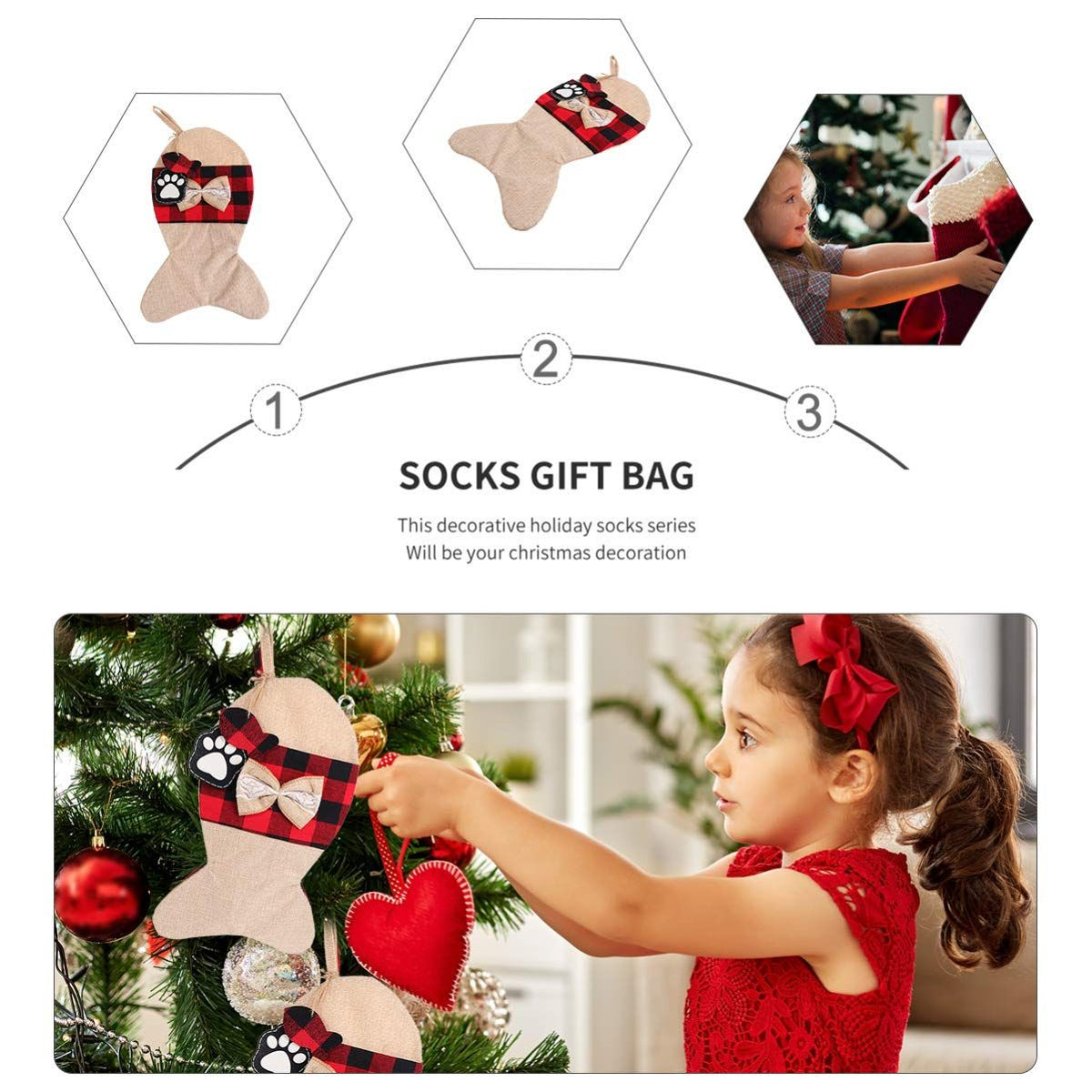Pet Dog Cat Christmas Stockings, Burlap Plaid Large Fish Shape Pets Stockings, Classic Hanging Stockings for Christmas Decorations