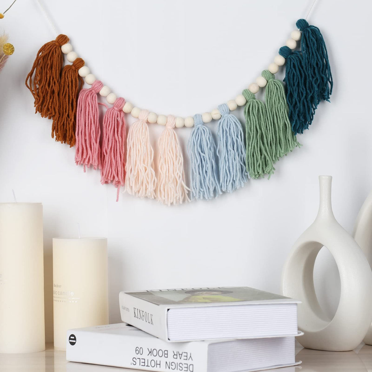 Yarn Tassel Garland Earth Toned Colorful Rainbow Bunting Wall Hanging for Classroom Back to School Nursery Party Bathroom Kids