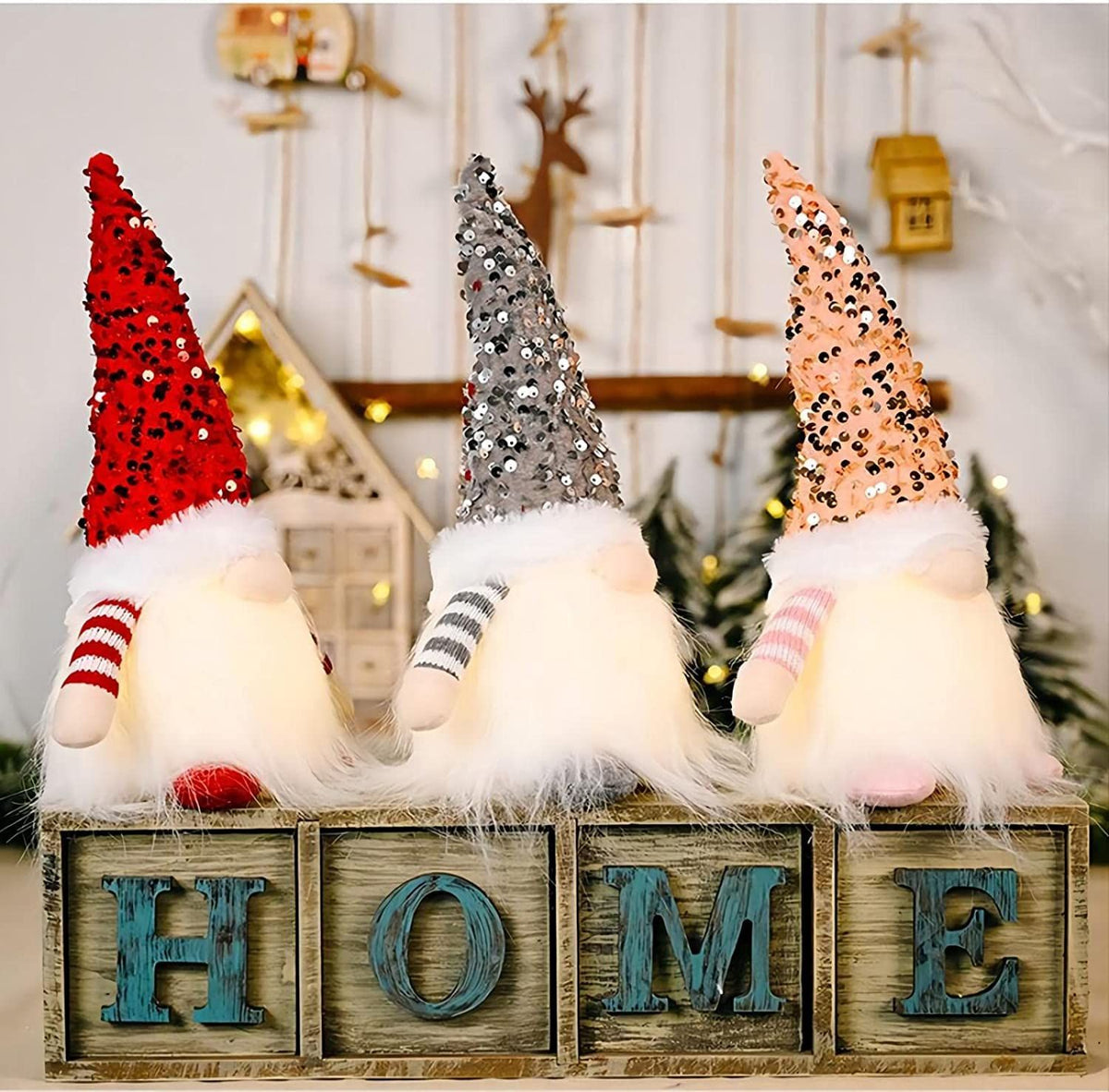 3Pcs Christmas Decorations Fireplace Mantel Decor, 12" Handmade Swedish Plush Sequin Hat Decor at Night Table Decor
