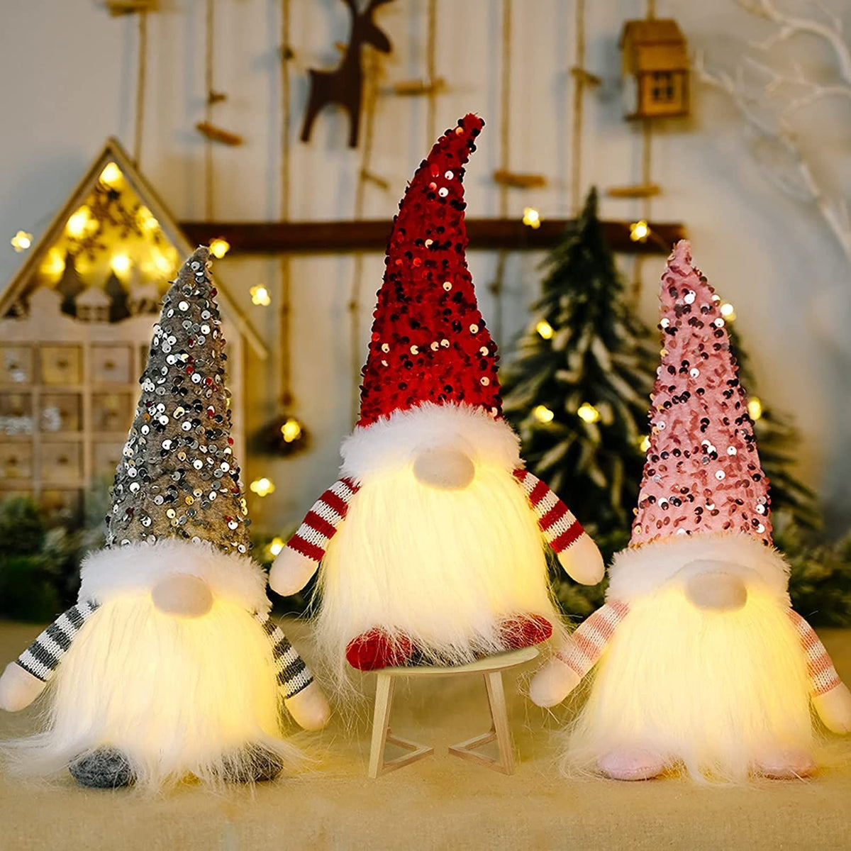 3Pcs Christmas Decorations Fireplace Mantel Decor, 12" Handmade Swedish Plush Sequin Hat Decor at Night Table Decor
