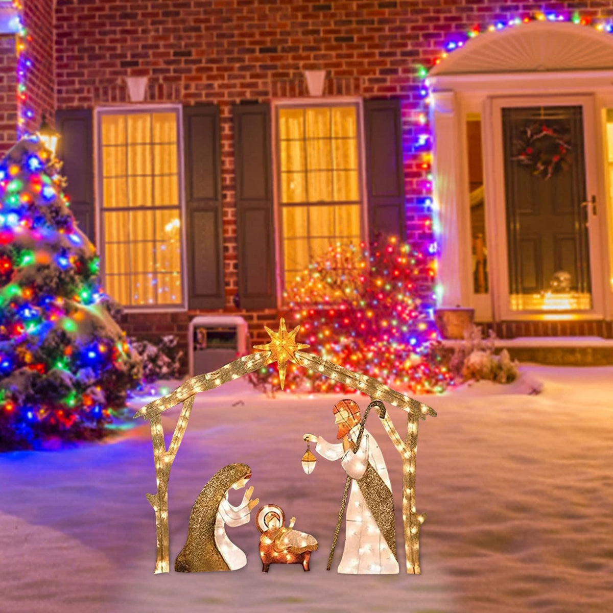 Lighted Christmas Decorations Outside Nativity Set, Light Up Nativity Scene Silhouette Indoor , for Yard with Lights Metal Stakes