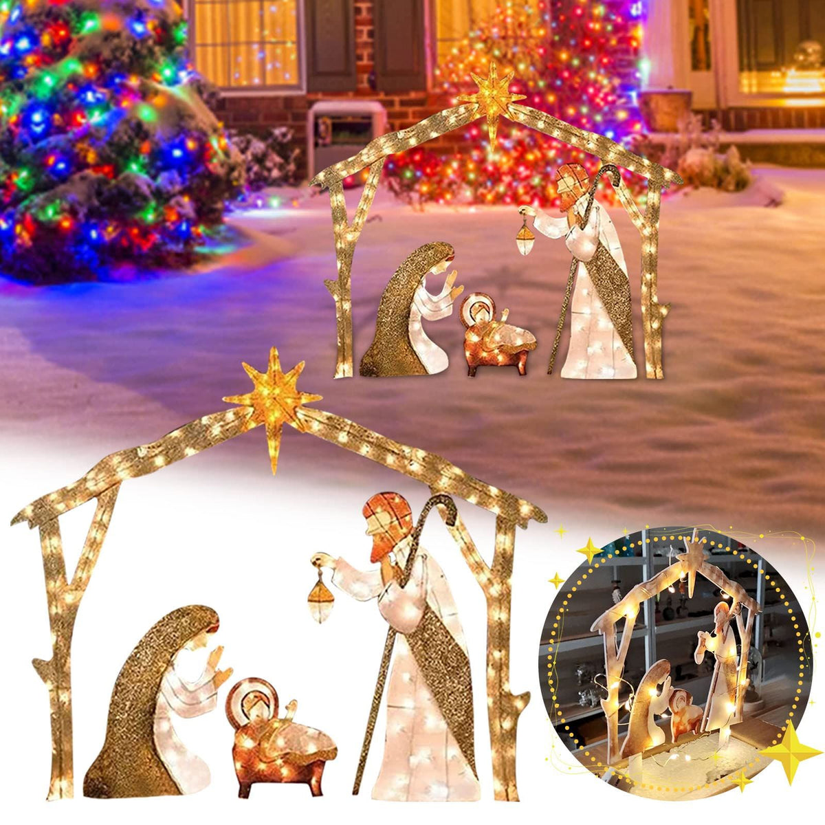 Lighted Christmas Decorations Outside Nativity Set, Light Up Nativity Scene Silhouette Indoor , for Yard with Lights Metal Stakes