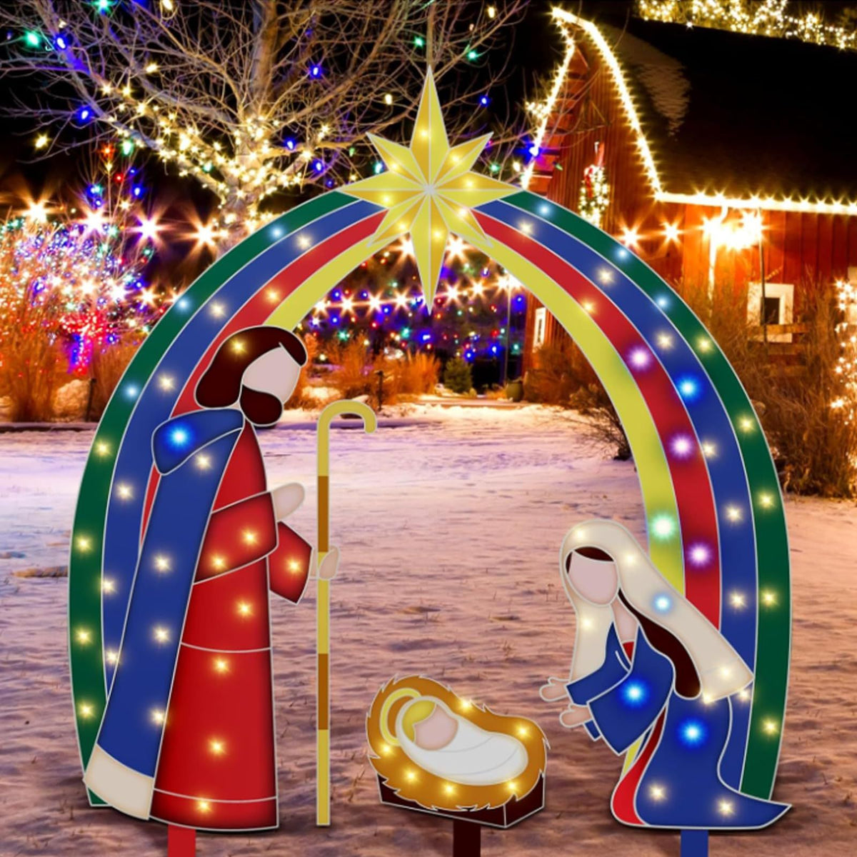 Garden Stakes LED Light Up Metal Nativity Yard Stake 2D Lighted Christmas Decoration Outdoor for Patio Lawn (A2, 20cm*27cm)