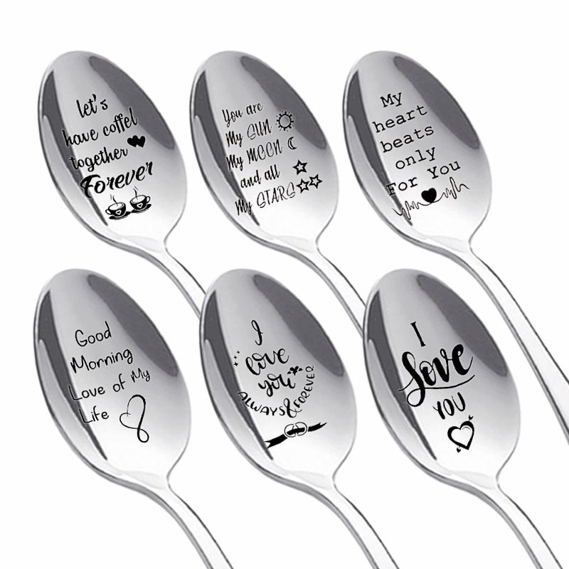 6 pcs Love You More Spoon,Love You More Engraved Spoon,Stainless Steel Espresso Spoon,Tea Coffee Dessert & Soup Spoon